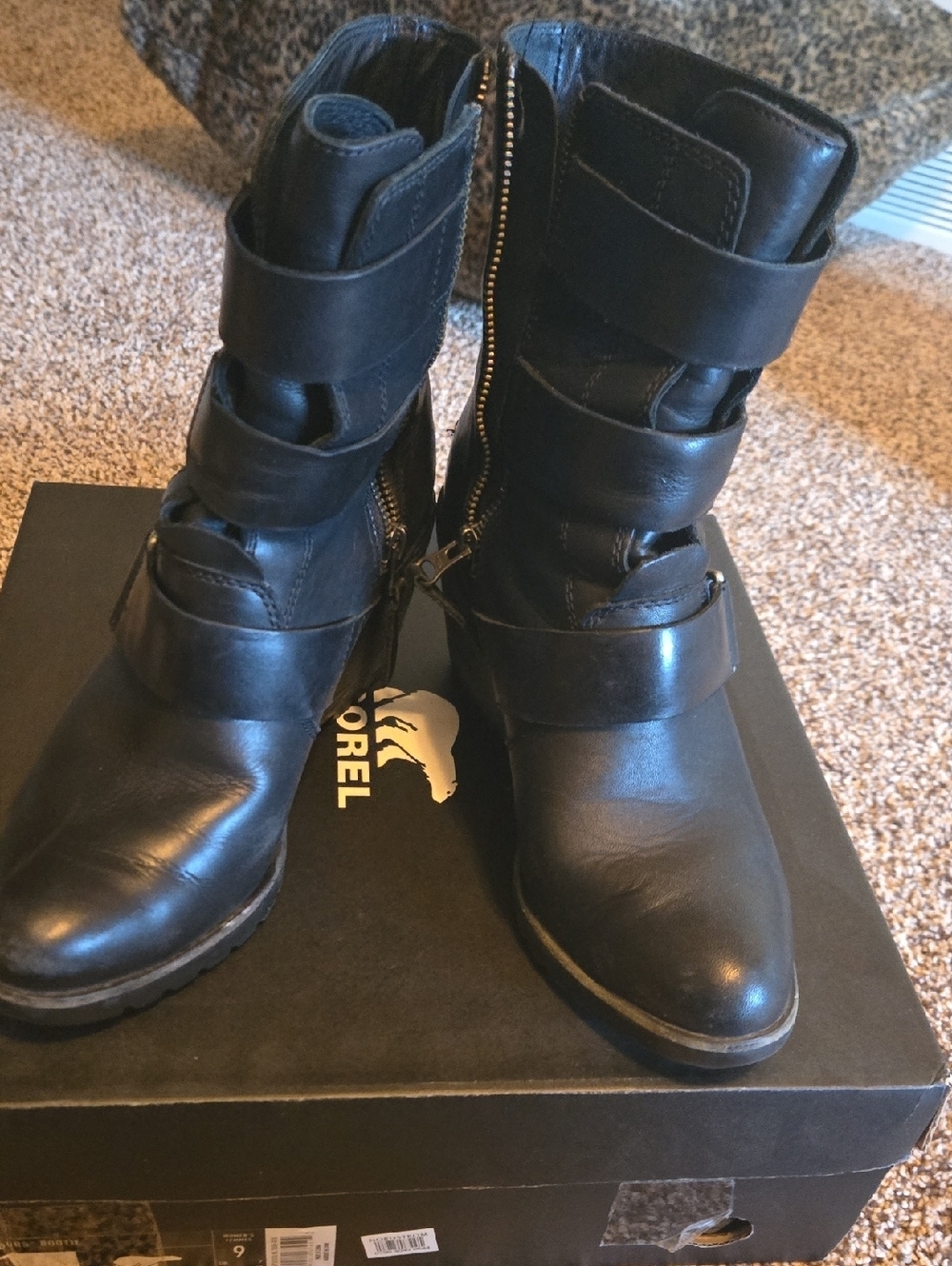 Sorel Women's Black Leather Strap Mid-Calf Combat Boots From Nordstrom